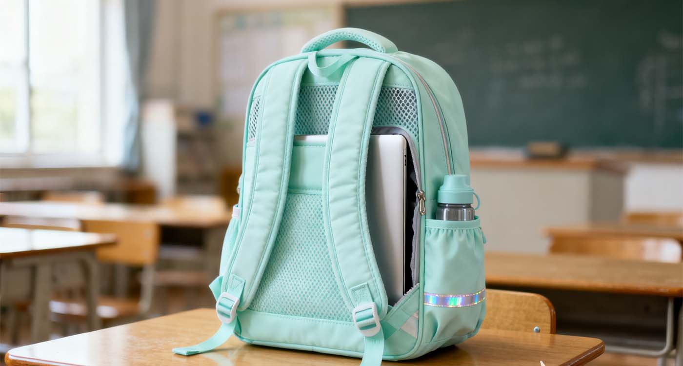 School Laptop Bag For Girls: How to pick a cute, comfy, and durable one - laptop bag school laptop bag for girls pastel ergonomic backpack on a classroom desk with padded laptop sleeve visible