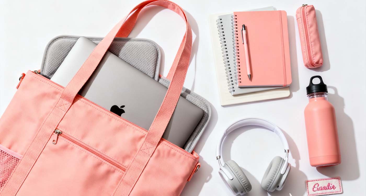 School Laptop Bag For Girls: How to pick a cute, comfy, and durable one - laptop bag flatlay of school laptop bag for girls tote with laptop, notebooks, pens, headphones, and name tag