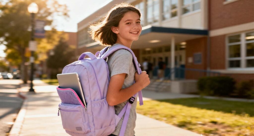 School Laptop Bag For Girls: How to pick a cute, comfy, and durable one - laptop bag teenage girl walking to school carrying a school laptop bag for girls ergonomic backpack with padded straps and laptop sleeve