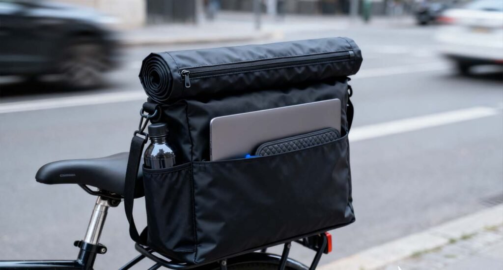 Waterproof Laptop Tote: Why you need one and 7 top choices - laptop bag roll-top waterproof laptop tote on a bike rack with padded laptop sleeve visible