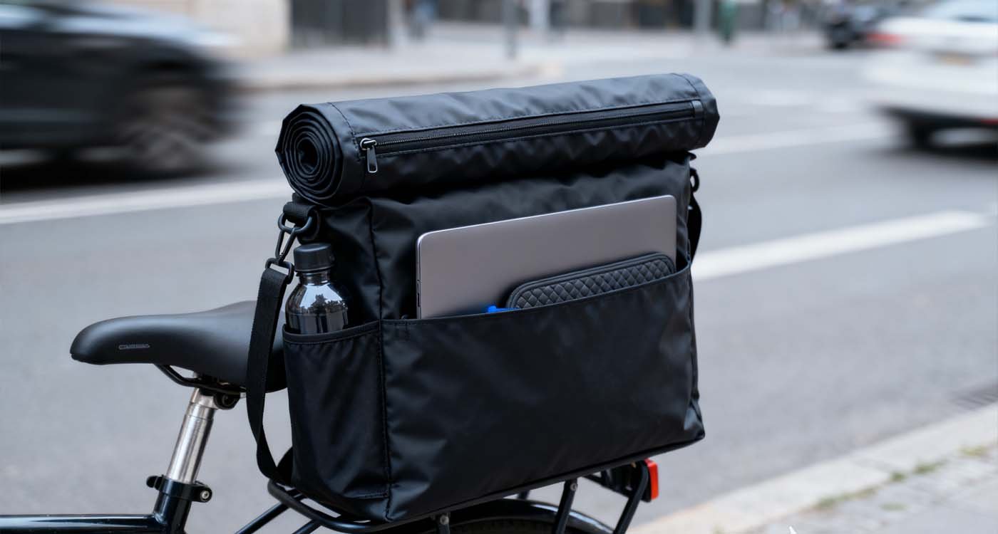 Waterproof Laptop Tote: Why you need one and 7 top choices - laptop bag roll-top waterproof laptop tote on a bike rack with padded laptop sleeve visible
