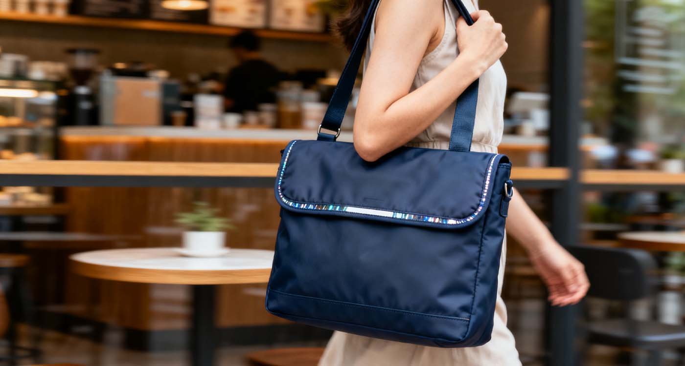 Waterproof Laptop Tote: Why you need one and 7 top choices - laptop bag woman carrying waterproof faux-leather laptop tote near cafe, padded sleeve inside visible
