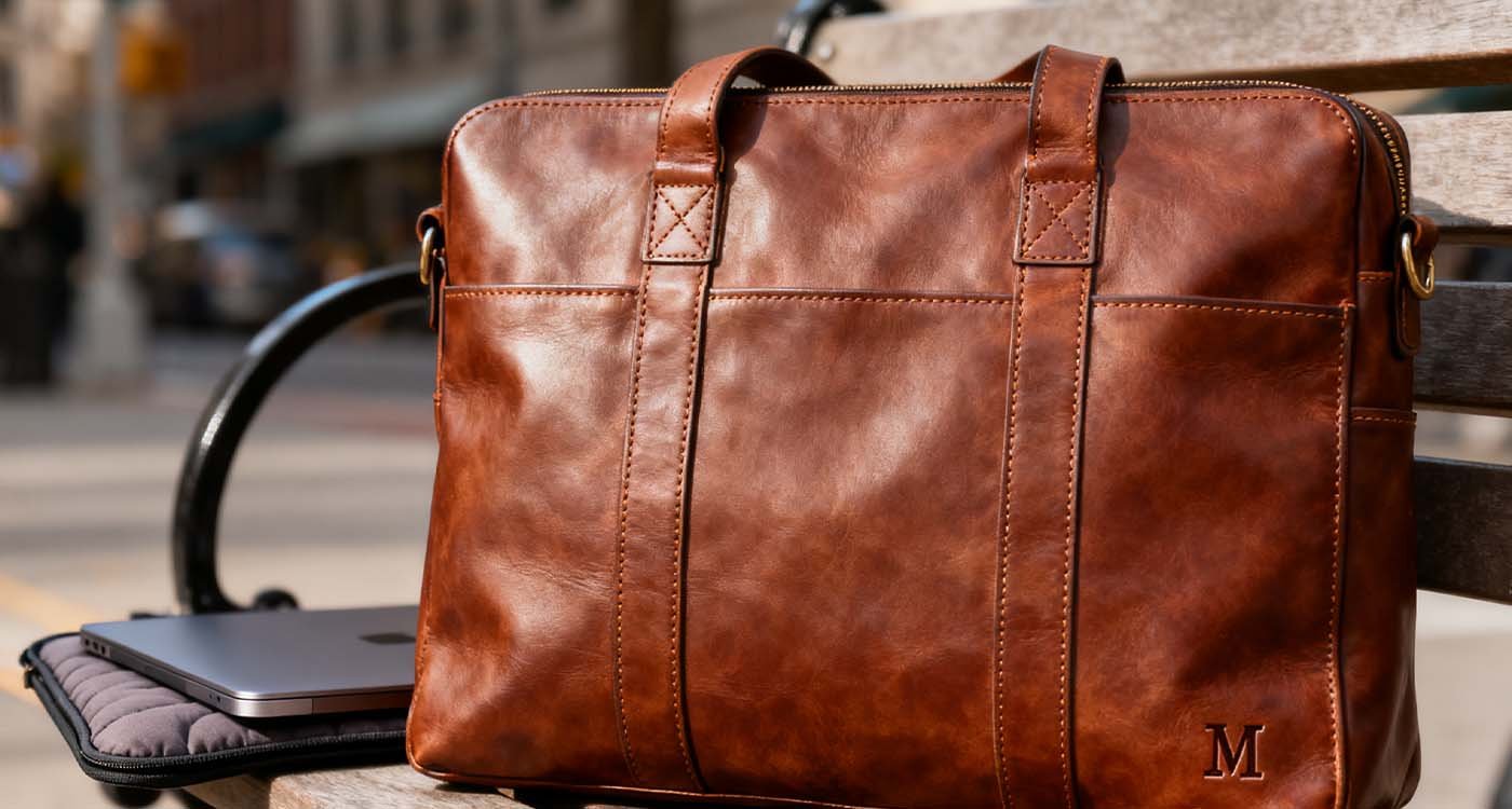 Laptop Bag Gifts For Her: How to pick a present she'll actually use - laptop bag monogrammed leather laptop tote on a city bench with padded laptop sleeve visible