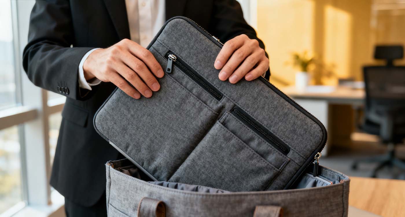 Best Buy Laptop Case: How to pick the perfect protection - laptop bag professional placing a padded folio laptop case into a tote in an office setting