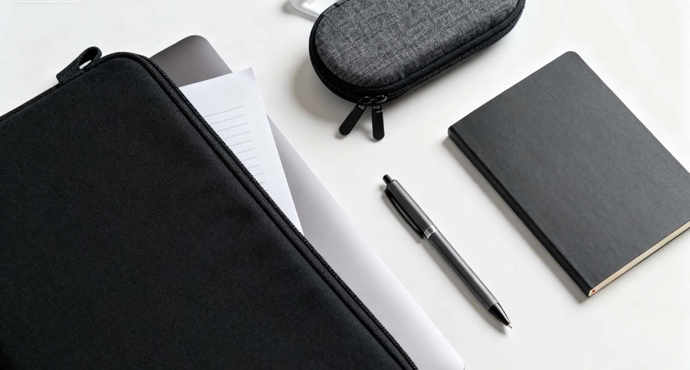 Slim Laptop Case: Pick a sleek, protective sleeve that fits your life - laptop bag slim laptop case neoprene flatlay with laptop corner, cable pouch, notebook, and pen