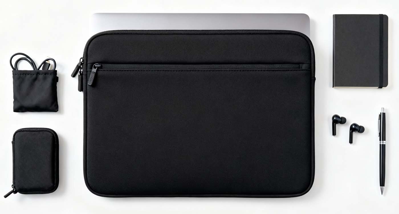 Neoprene Laptop Sleeve: Lightweight protection for everyday carry - laptop bag neoprene laptop sleeve flatlay with laptop corner, cable pouch, notebook, and pen