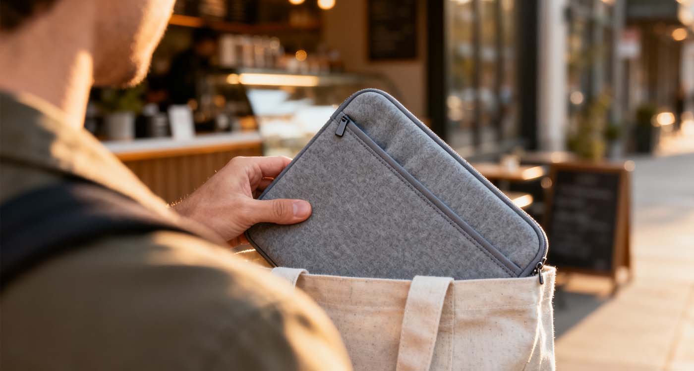 Neoprene Laptop Sleeve: Lightweight protection for everyday carry - laptop bag person placing neoprene laptop sleeve into a tote while walking past a cafe — commuter lifestyle scene