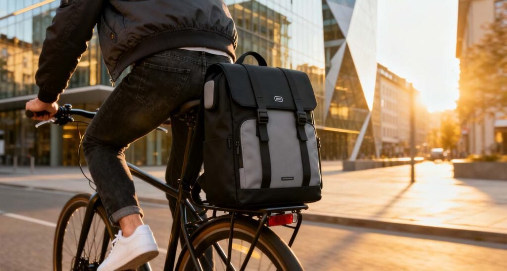 person wearing a durable laptop backpack while cycling past city buildings in the morning light