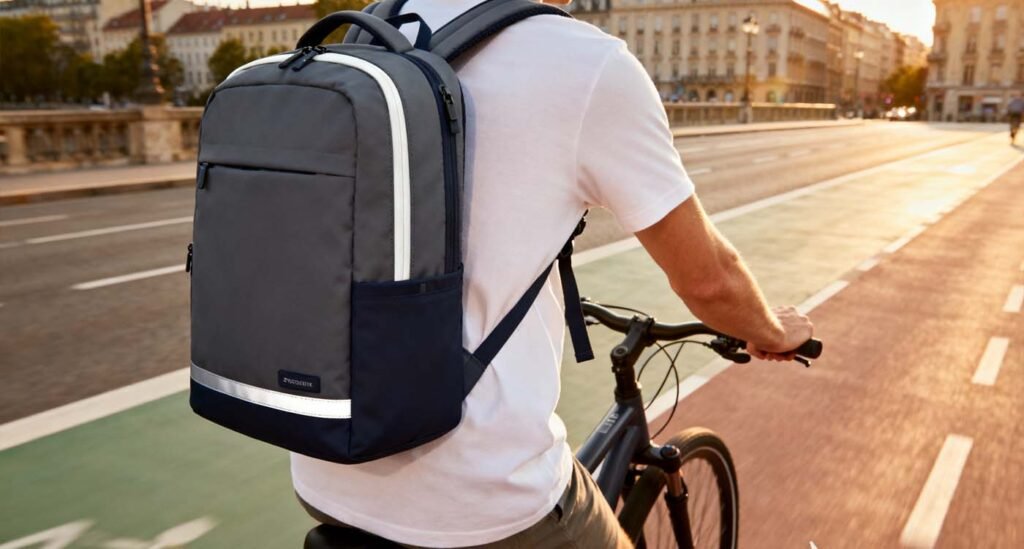 commuter cycling on a protected bike lane wearing a TSA friendly backpack with padded straps and reflective trim