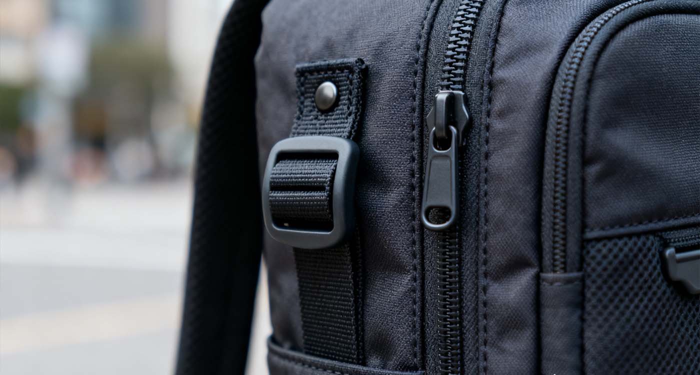 TSA Friendly Backpack: Choose an airport-ready pack that speeds you through security - laptop bag close-up of reinforced strap, bartack stitching, and water-resistant zipper on a TSA friendly backpack