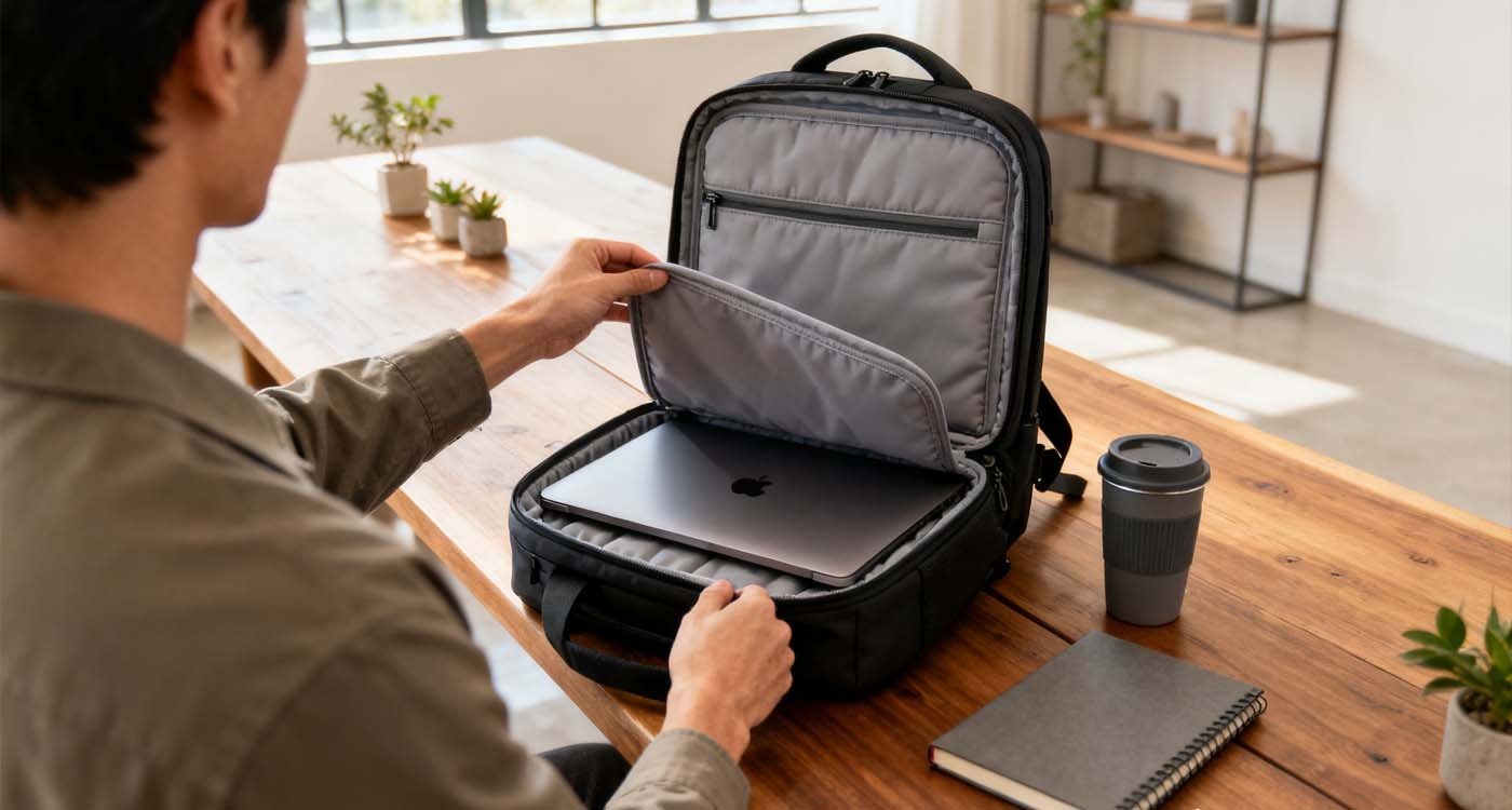 TSA Friendly Backpack: Choose an airport-ready pack that speeds you through security - laptop bag backpack with lay-flat laptop compartment being opened at a coworking table in a modern Scandinavian-style workspace