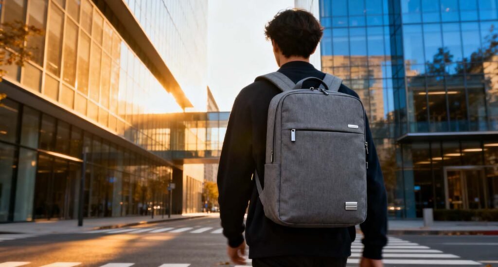 person wearing a gray 16 inch laptop backpack walking through city street