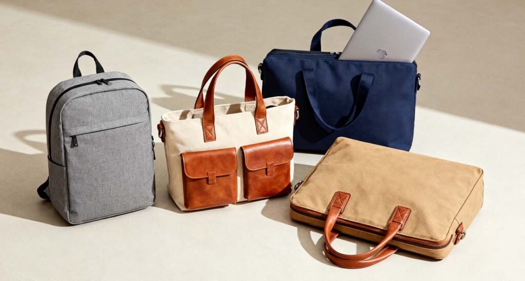 selection of laptop bags including backpack, tote, messenger, and briefcase on white background