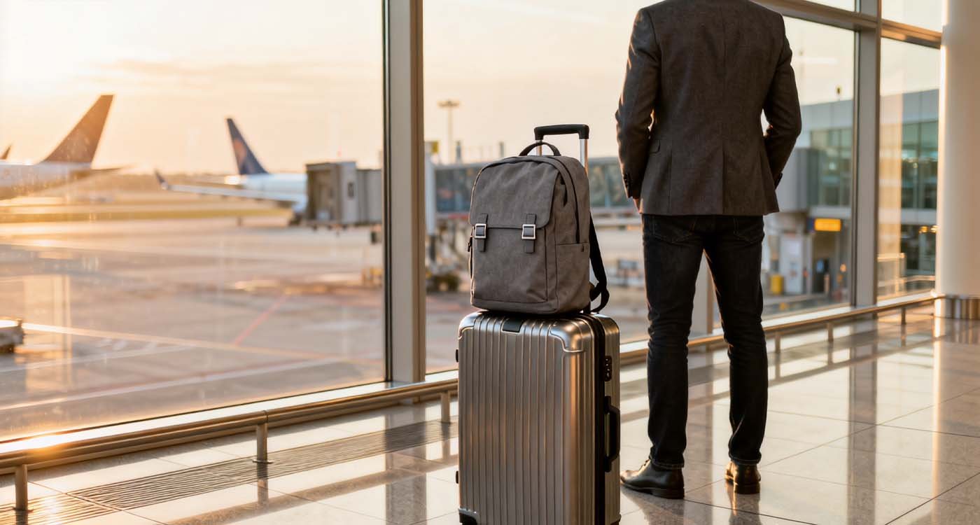 The Complete Guide to Choosing the Perfect Bag with Laptop Storage - laptop bag traveler with backpack resting on suitcase handle near airport window