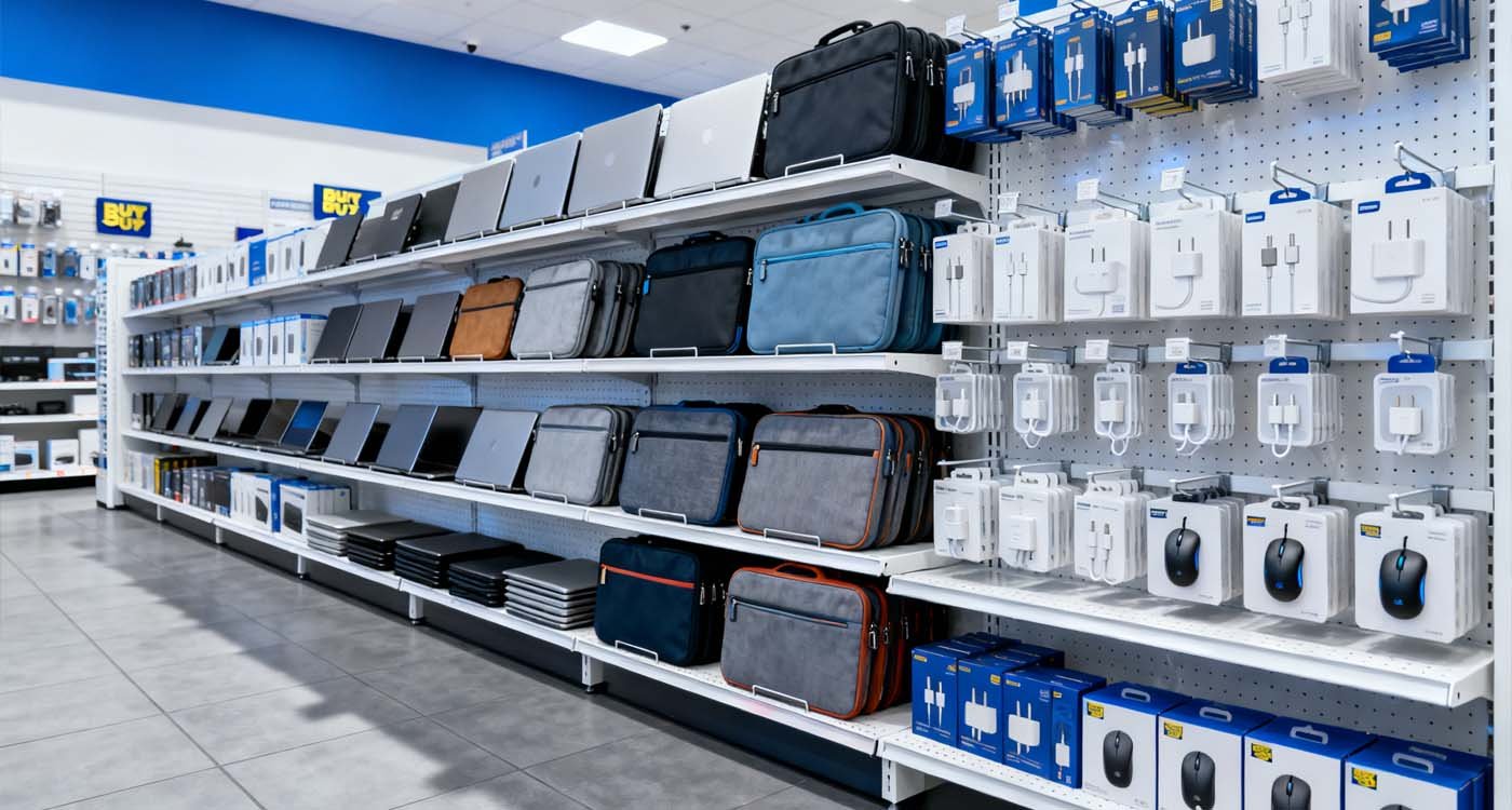 Finding the Best Buy Laptop Case: Your Complete Shopping Guide - laptop bag aisle in Best Buy store showing shelves with laptop cases and accessories