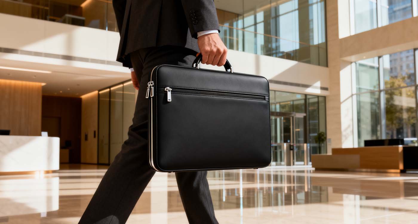Finding the Best Buy Laptop Case: Your Complete Shopping Guide - laptop bag person walking through office lobby carrying a black laptop case with shoulder strap