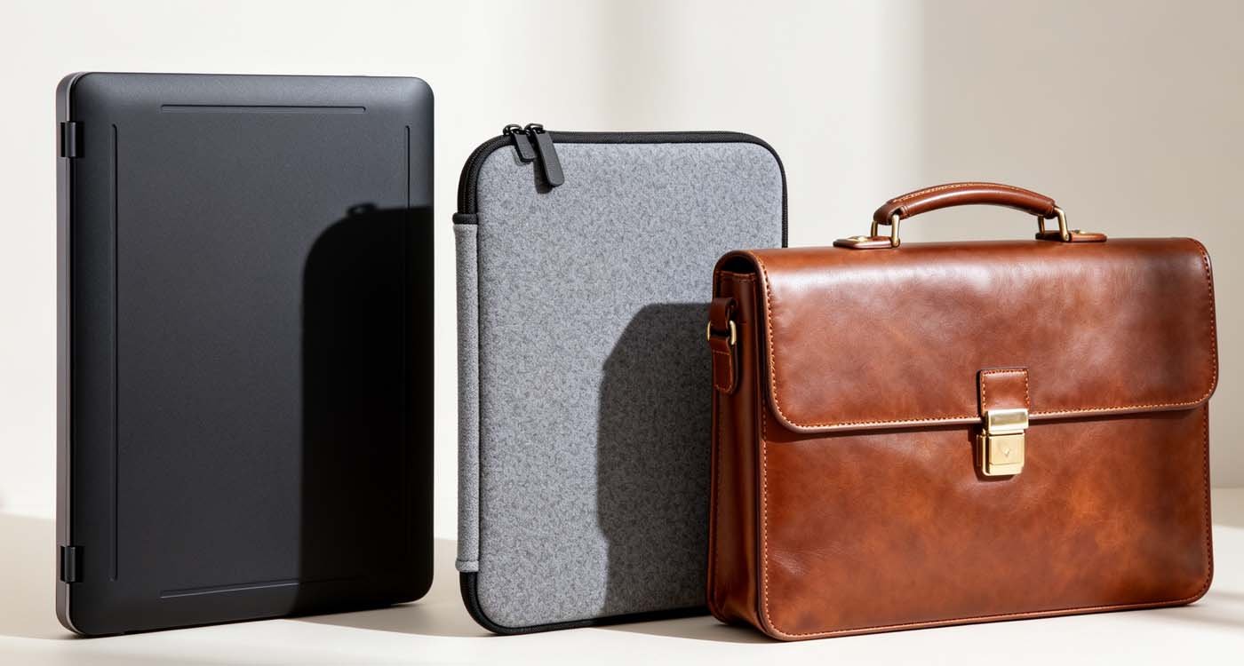 Finding the Best Buy Laptop Case: Your Complete Shopping Guide - laptop bag three types of laptop cases — hardshell, fabric sleeve, and leather briefcase — side by side