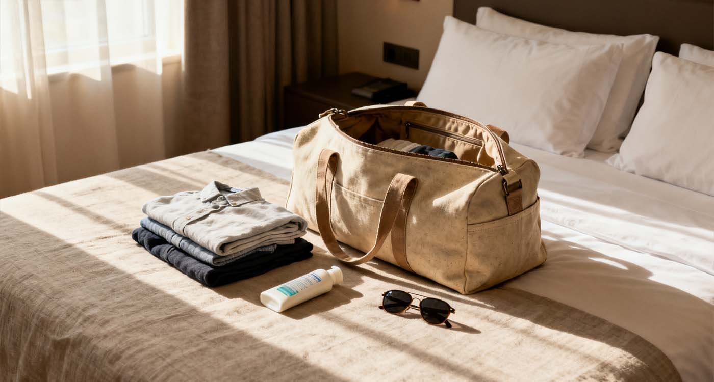 The Ultimate Travel Bag Guide: Finding Your Perfect Travel Companion - laptop bag canvas duffel bag on hotel bed with clothes and toiletries prepared for weekend trip