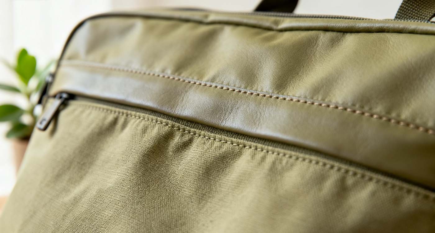 The Ultimate Travel Bag Guide: Finding Your Perfect Travel Companion - laptop bag close-up of eco-friendly travel bag made from recycled fabric and vegan leather