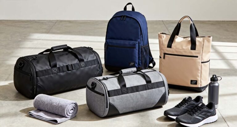 The Ultimate Gym Bag Guide: Finding Your Perfect Fitness Companion - laptop bag selection of gym bags including duffel, backpack, and tote styles arranged on neutral studio floor