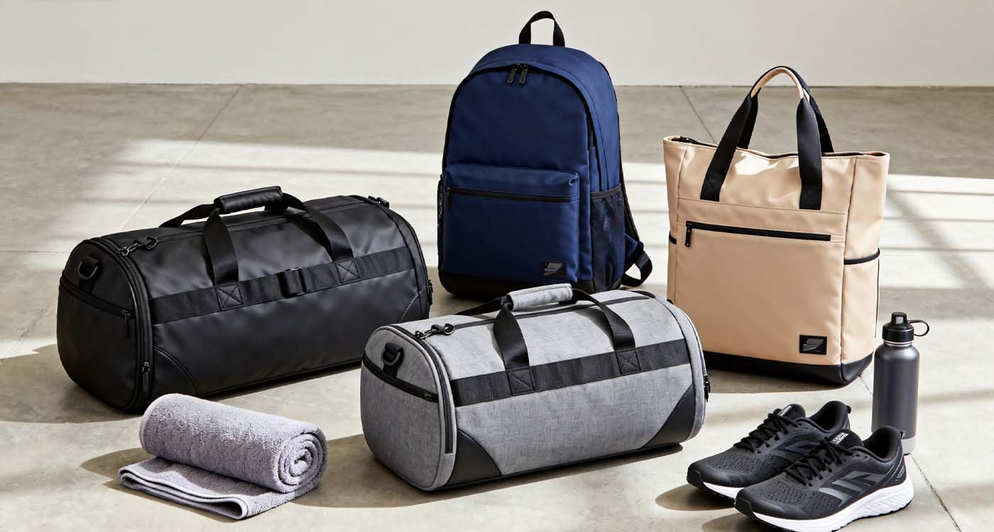 The Ultimate Gym Bag Guide: Finding Your Perfect Fitness Companion - laptop bag selection of gym bags including duffel, backpack, and tote styles arranged on neutral studio floor