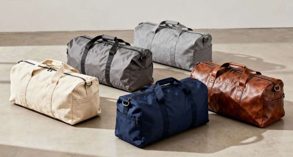 selection of premium duffle bags in various sizes and colors arranged on minimalist floor