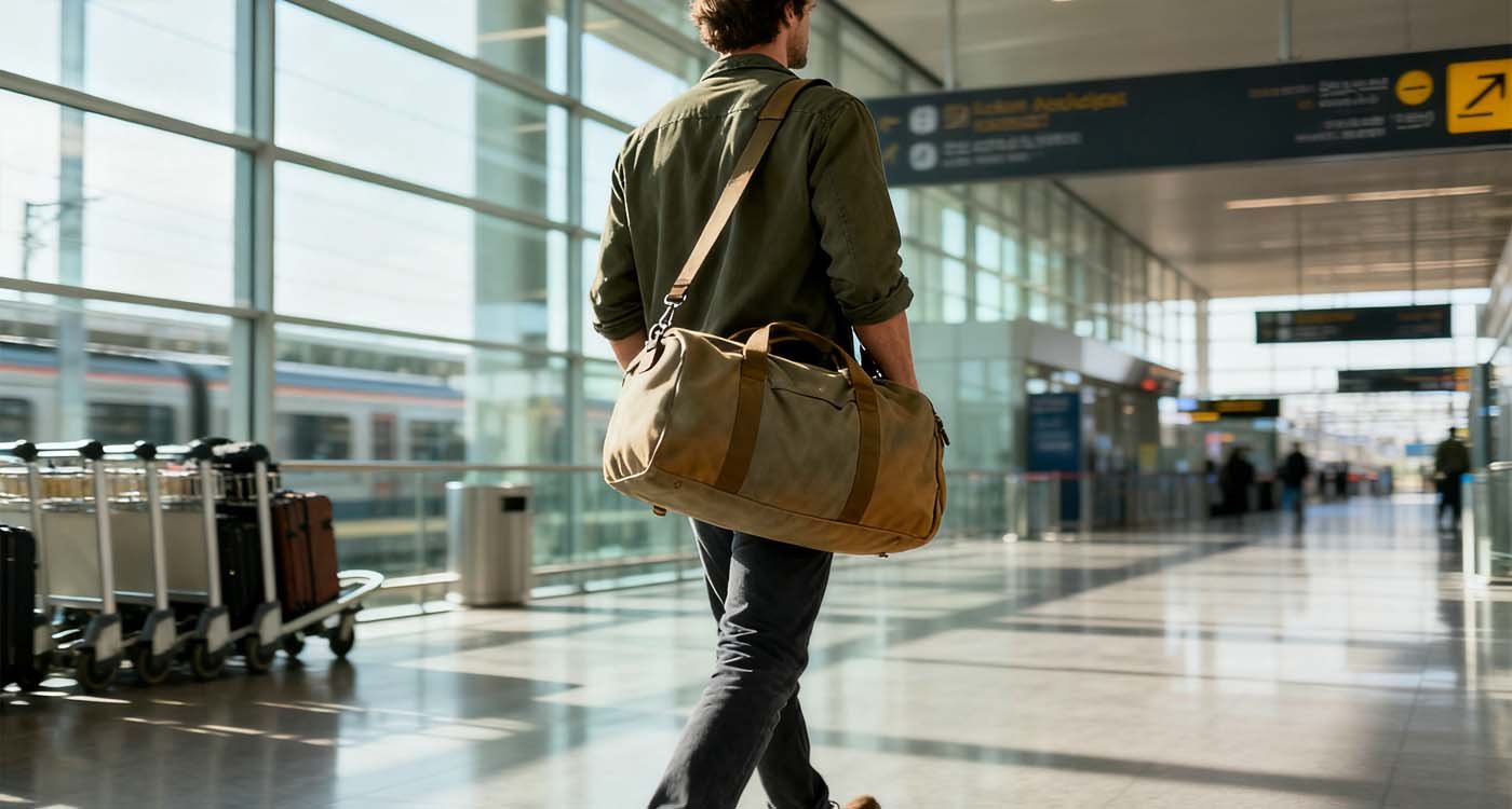 The Complete Duffle Bag Guide: Choosing Your Perfect Versatile Companion - laptop bag traveler walking through airport with a large duffle bag over shoulder and suitcase beside