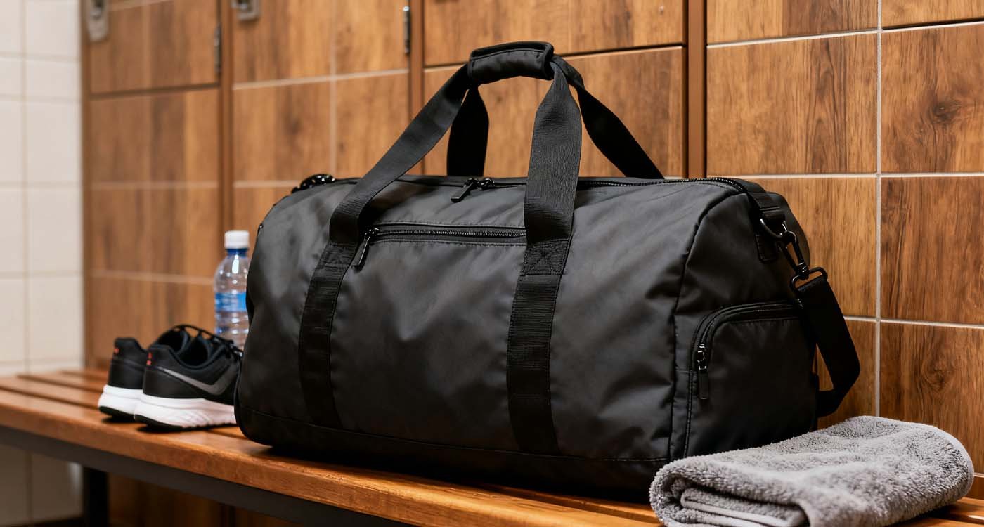 The Complete Duffle Bag Guide: Choosing Your Perfect Versatile Companion - laptop bag gym duffle bag open on locker room bench with towel, water bottle, and sneakers