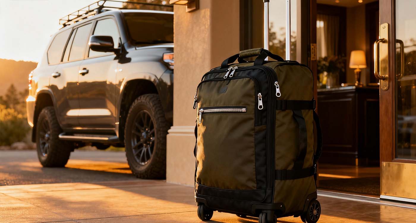 The Complete Duffle Bag Guide: Choosing Your Perfect Versatile Companion - laptop bag durable large duffle bag with wheels and handles beside SUV or hotel entrance