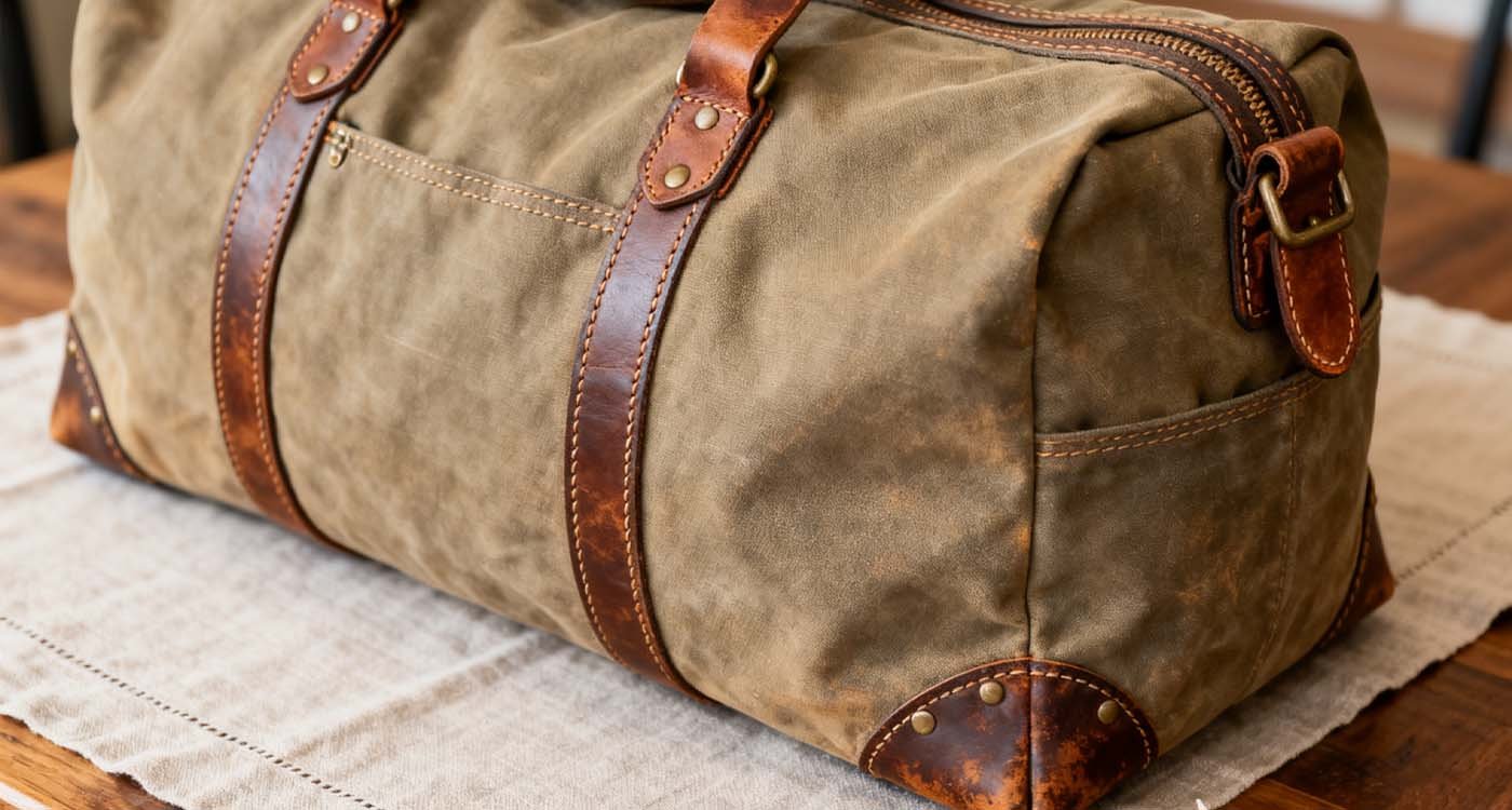 The Complete Duffle Bag Guide: Choosing Your Perfect Versatile Companion - laptop bag close-up of waxed canvas duffle bag showing stitching, leather straps, and metal zippers