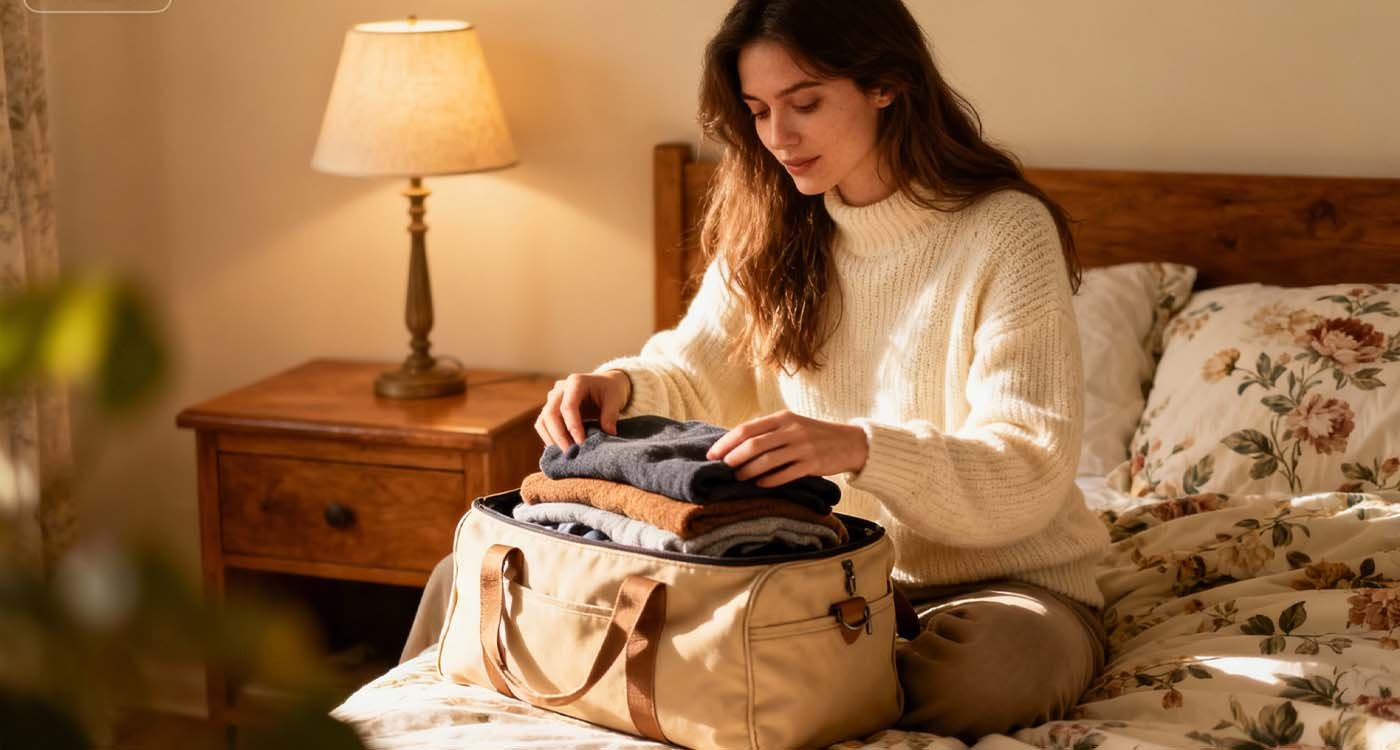 Best Women’s Duffle Bags 2025 — Chic, Functional & Ready for Every Adventure - laptop bag Woman packing beige duffle bag on bed