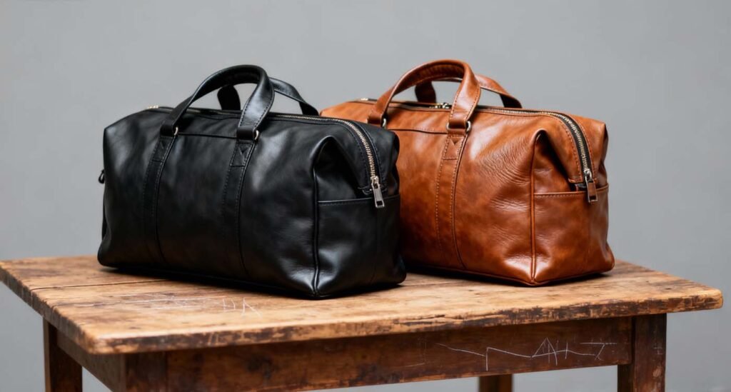 Two leather duffle bags side by side