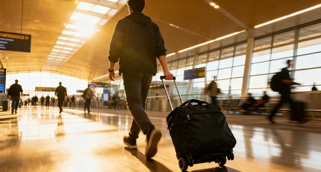 Traveler pulling black duffle luggage through airport