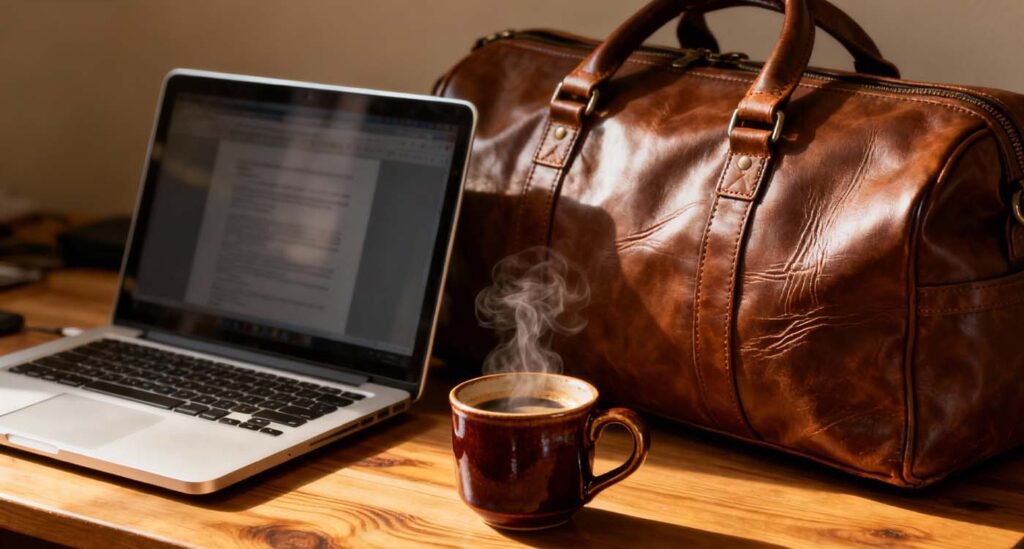 Brown leather duffle bag on office desk