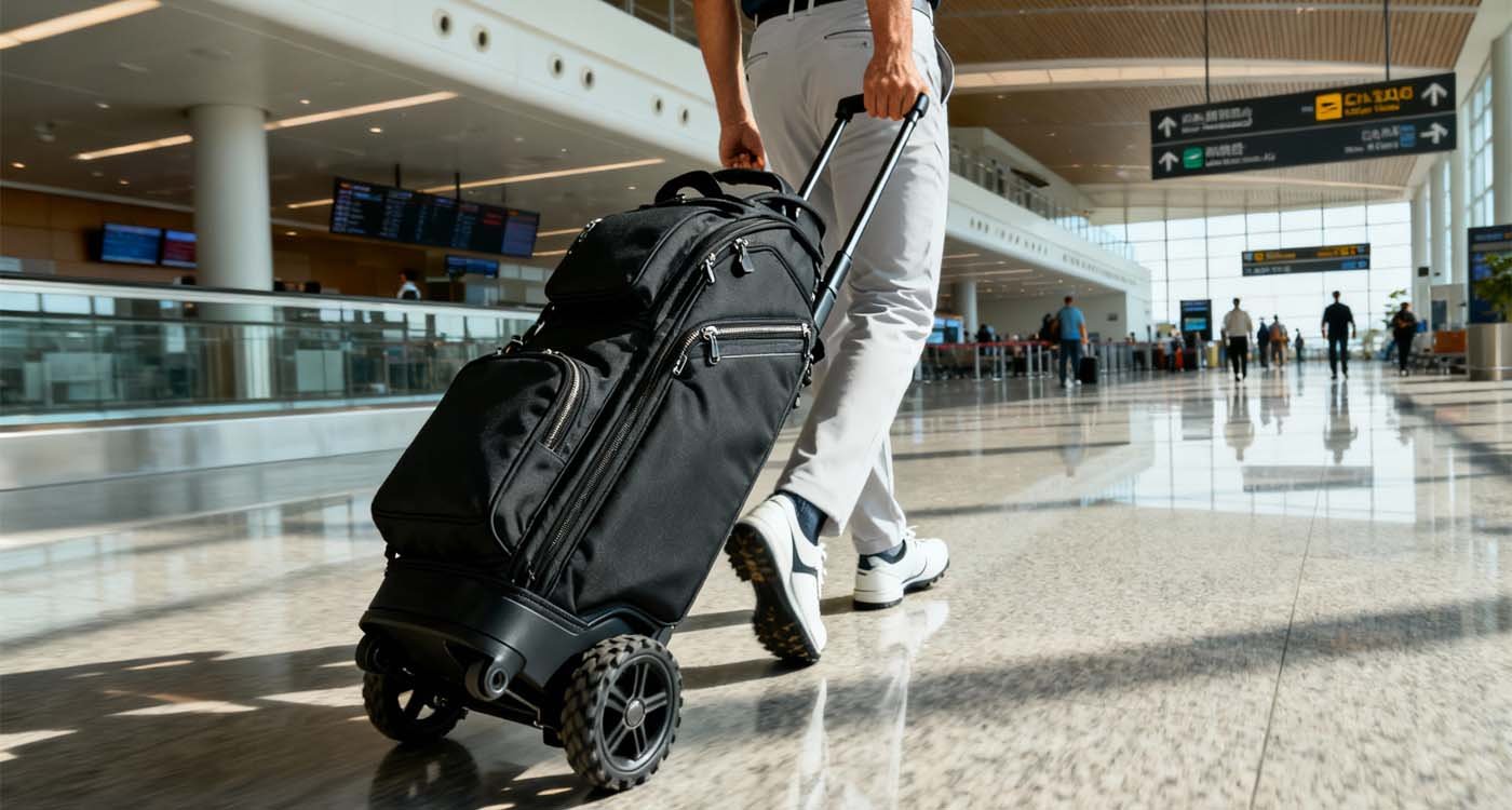 Best Travel Bags for Golf 2025 — Travel Smart, Protect Your Clubs - laptop bag Golfer pushing golf travel bag through airport