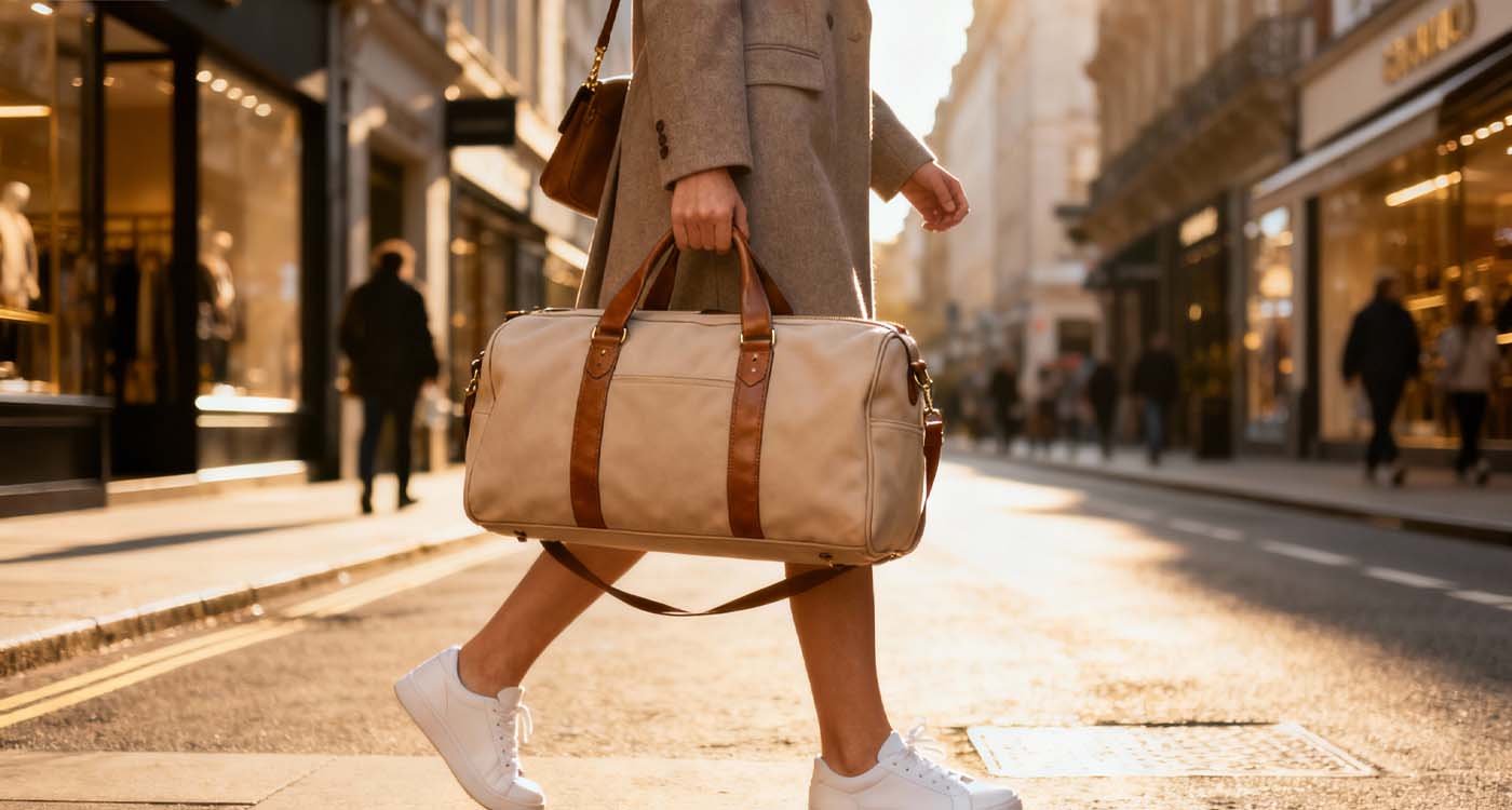 Woman walking with beige weekender bag
