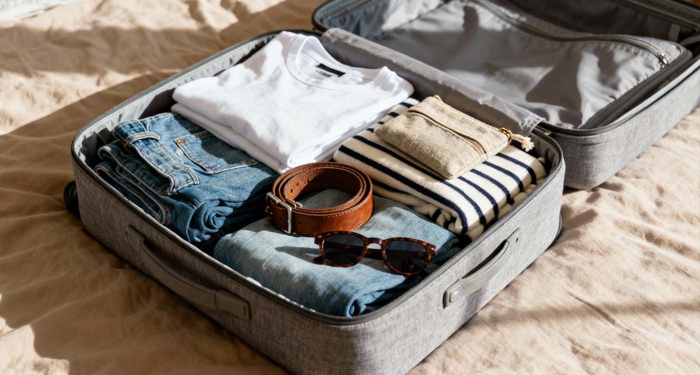 Open weekender bag with packed items