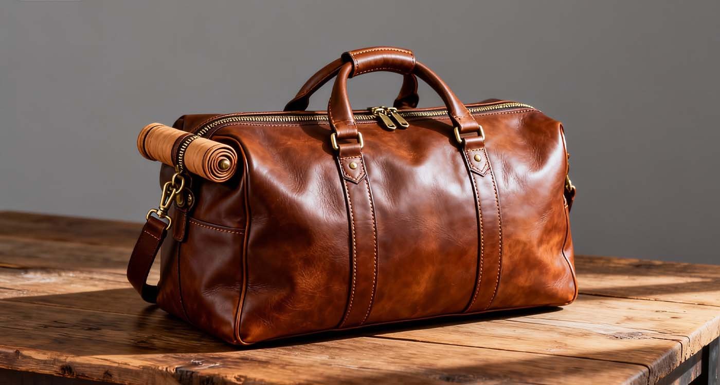 Brown leather duffel bag close-up