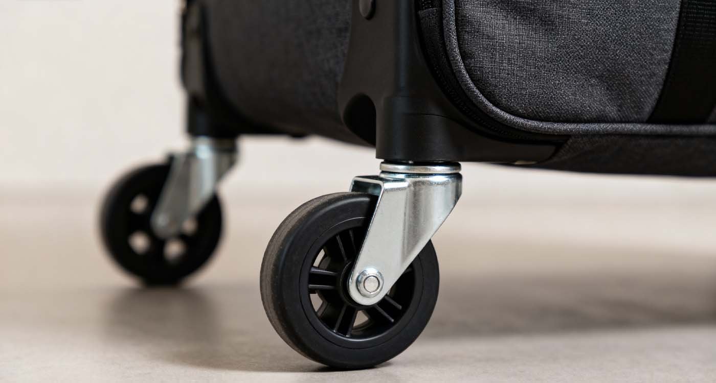 close-up of inline roller wheels on a durable rolling duffle bag
