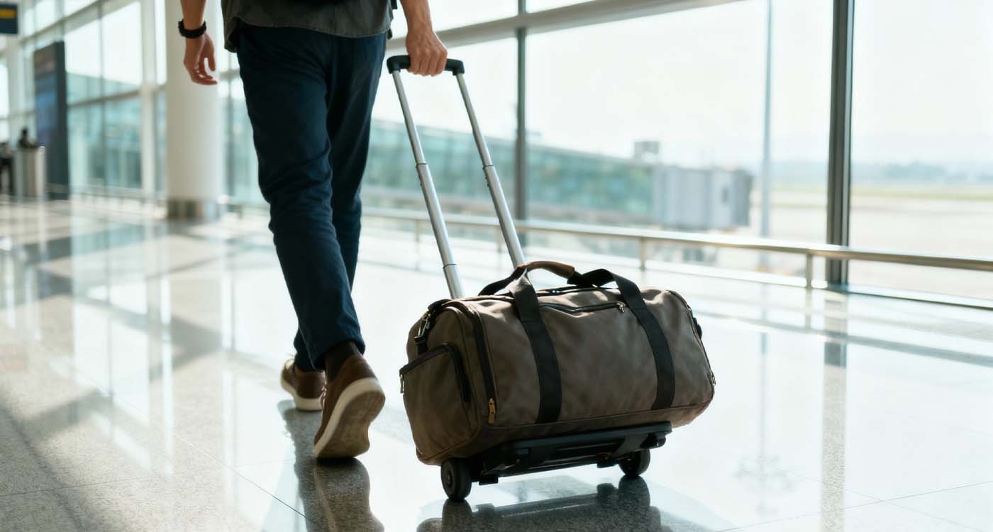 traveler pulling a wheeled duffle bag through airport terminal