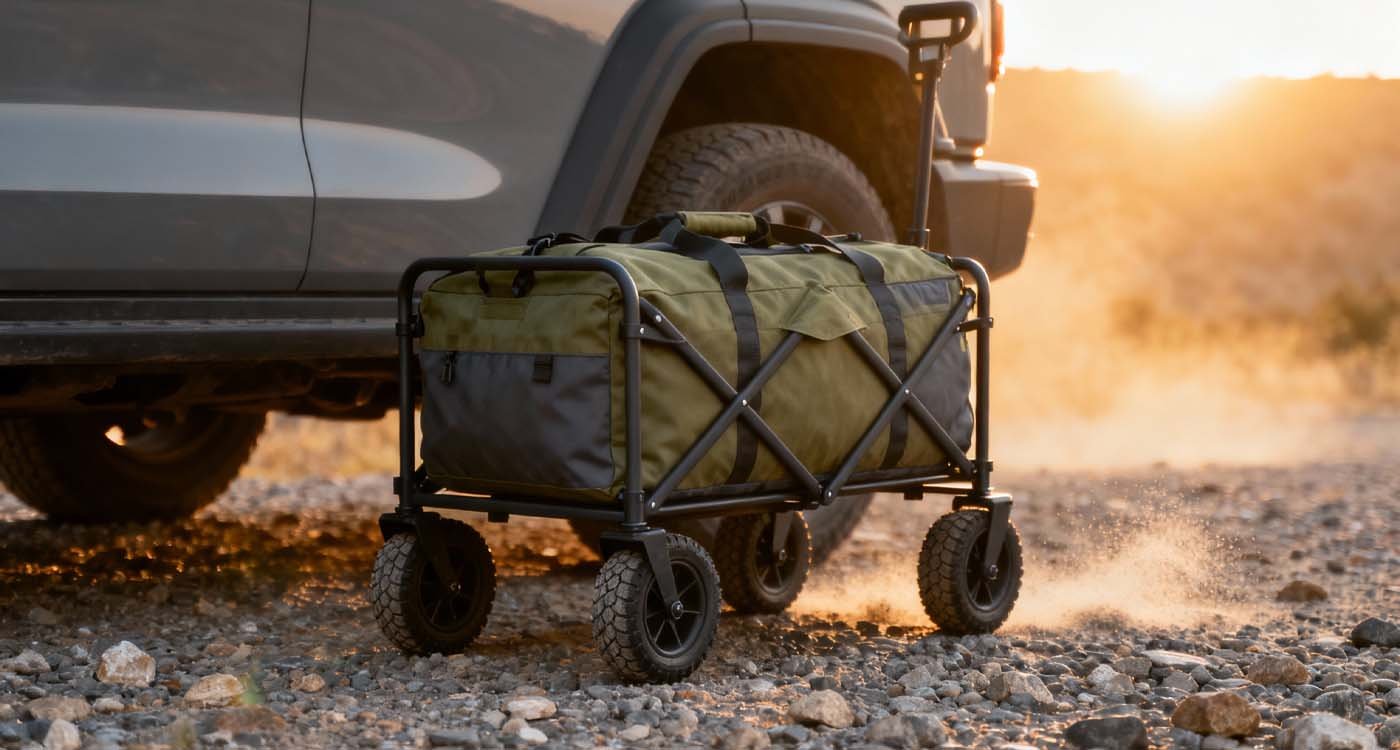 rugged large rolling duffle bag beside SUV on gravel terrain