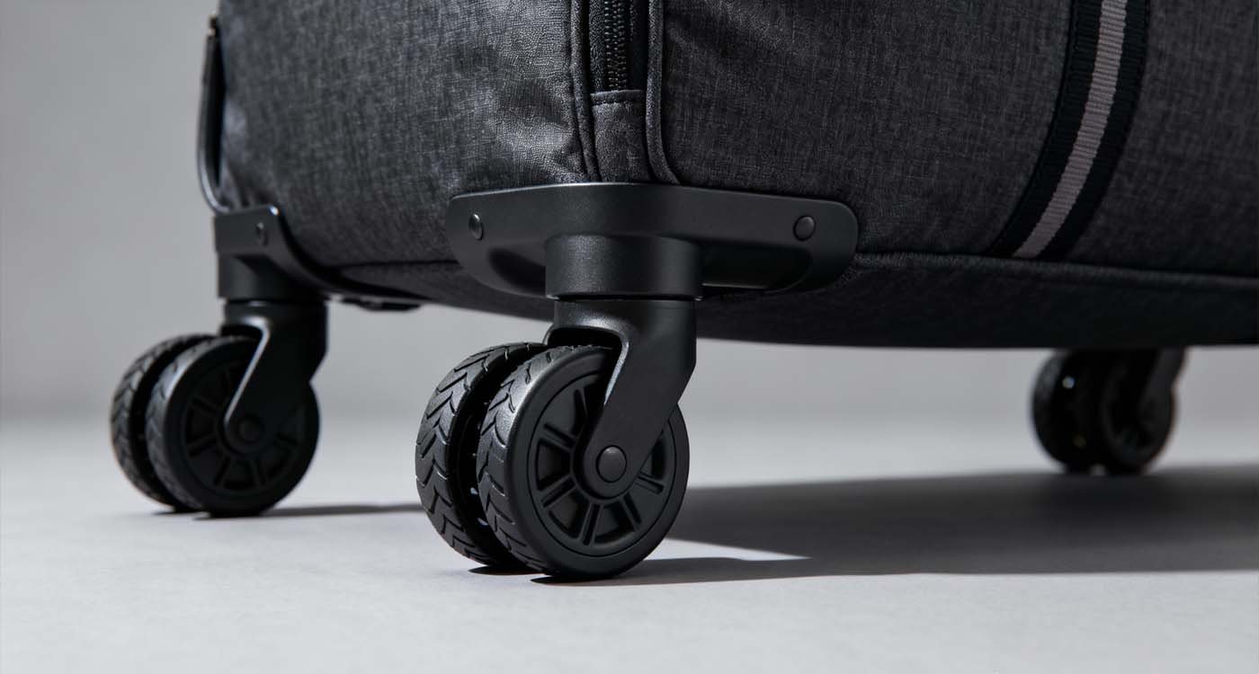 spinner wheels on a duffle bag showing multidirectional travel