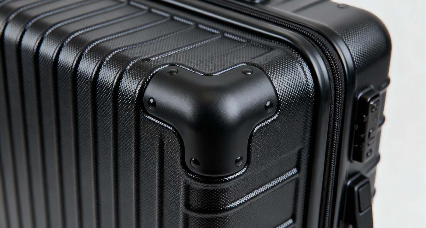 close-up of a hard shell golf travel case showing reinforced ABS exterior