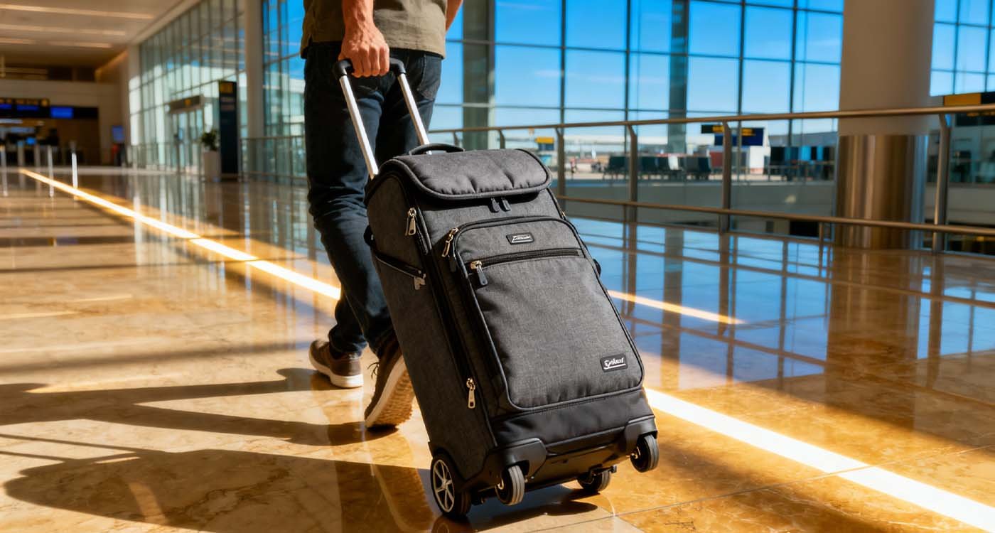 traveler at airport rolling a soft golf travel bag with padded club protection