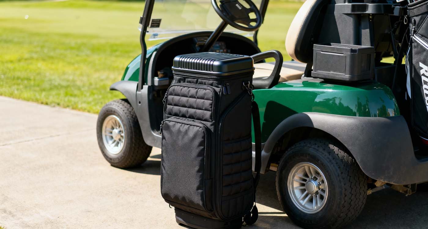 hybrid golf travel bag with hard top and soft sides beside golf cart