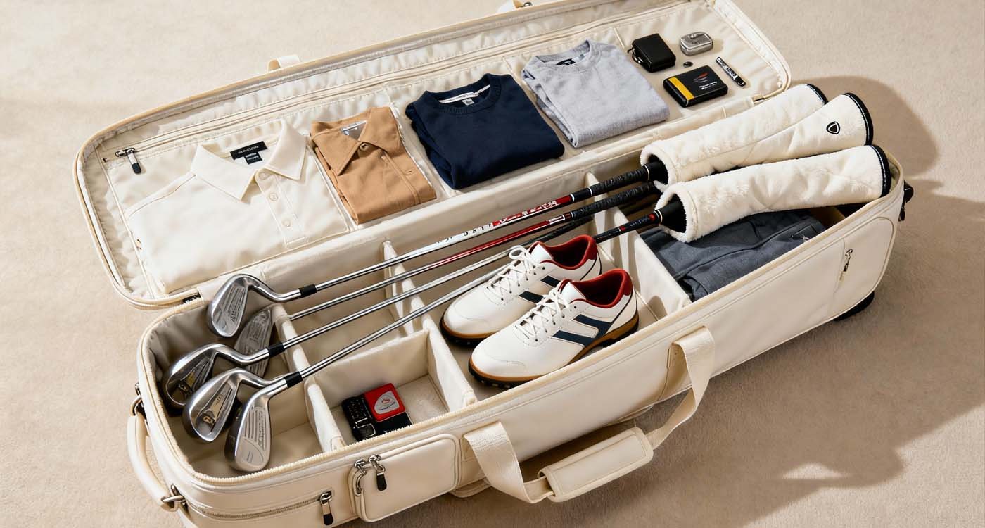 open golf travel bag showing organized clubs, clothes, and accessories