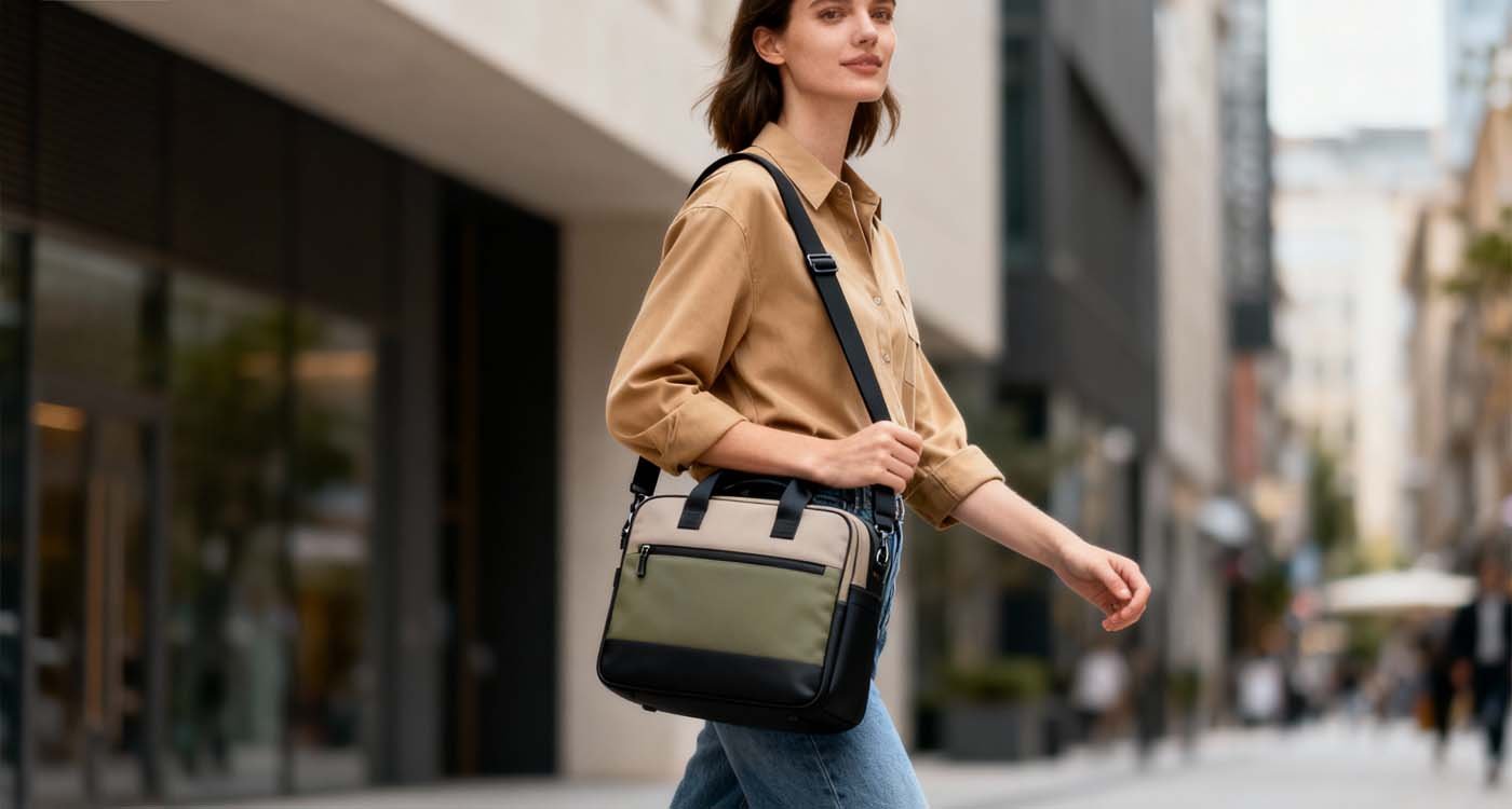 stylish woman wearing a minimalist crossbody travel bag in the city