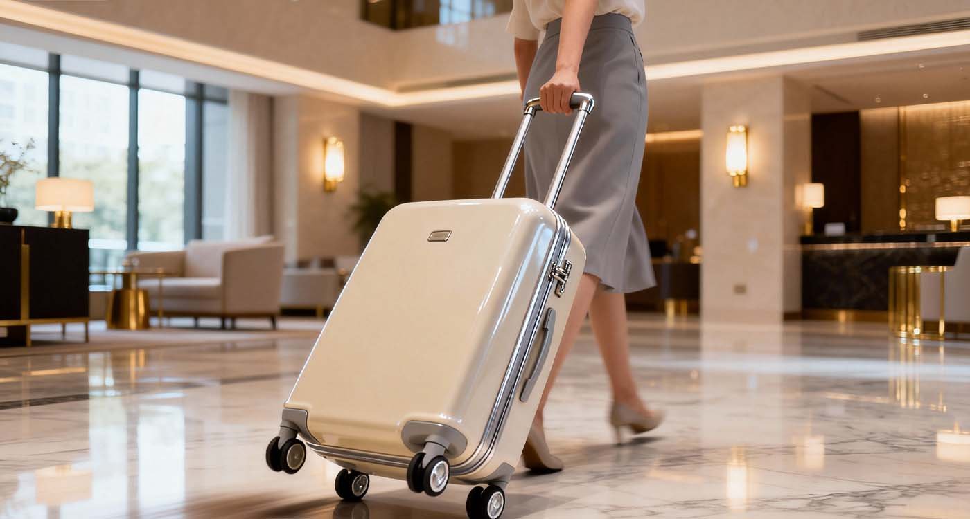 woman pulling a rolling carry-on luggage in a hotel lobby