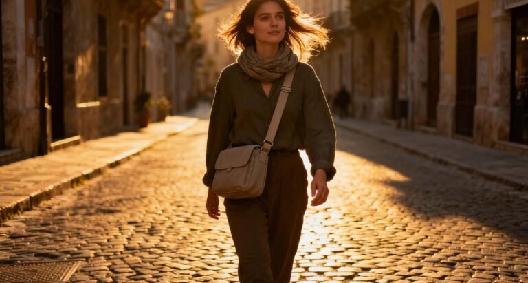 The Ultimate Crossbody Travel Bag Guide: Hands-Free Travel Made Easy - laptop bag Woman walking through a European street wearing a secure crossbody travel bag.
