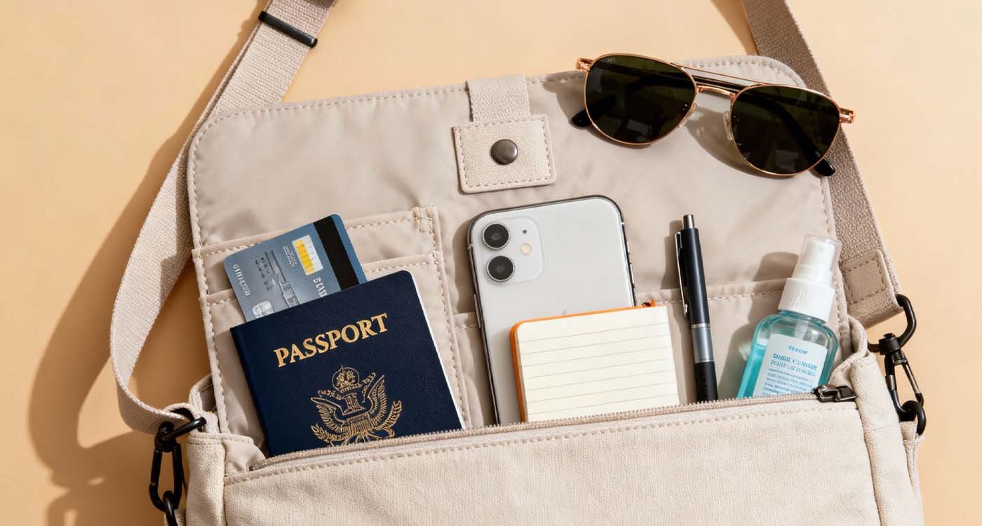 Open crossbody travel bag showing organized travel essentials.